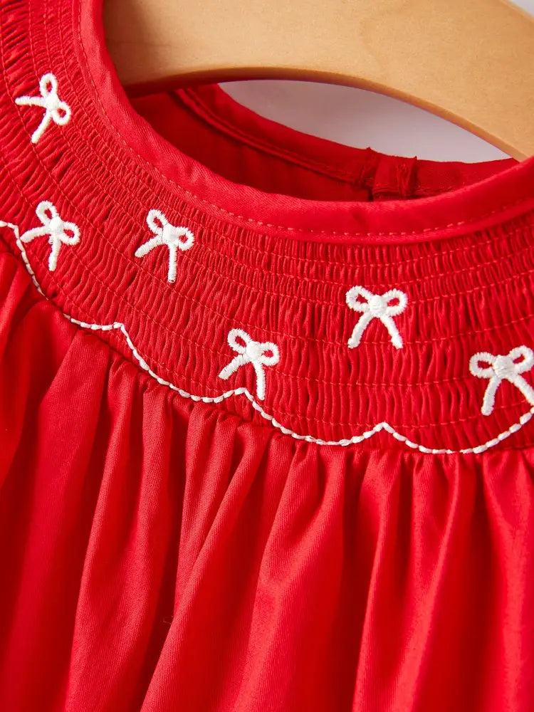 Girls Bow Smocking Embroidered Red Dress Dress