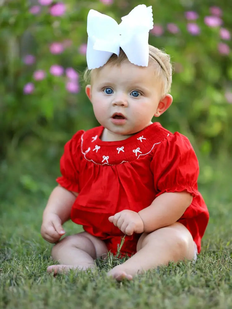 Girls Bow Smocking Embroidered Red Romper Romper
