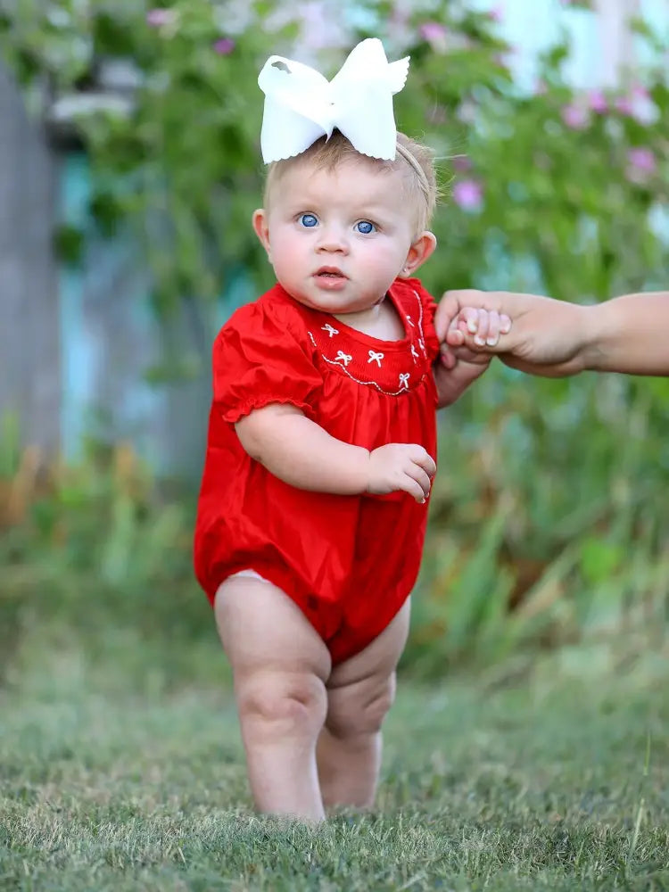 Girls Bow Smocking Embroidered Red Romper Romper