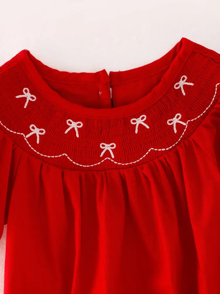 Girls Bow Smocking Embroidered Red Romper Romper