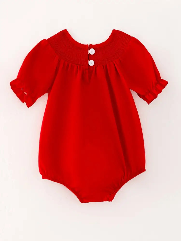 Girls Bow Smocking Embroidered Red Romper Romper