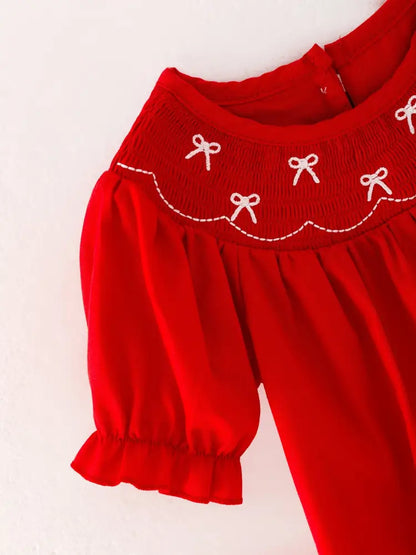 Girls Bow Smocking Embroidered Red Romper Romper