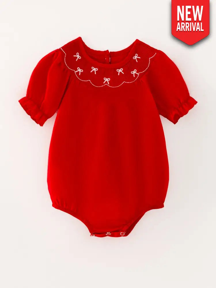 Girls Bow Smocking Embroidered Red Romper Romper