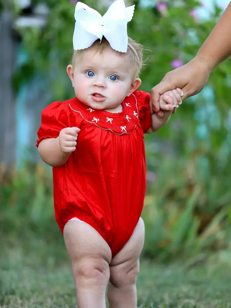 Girls Bow Smocking Embroidered Red Romper Romper