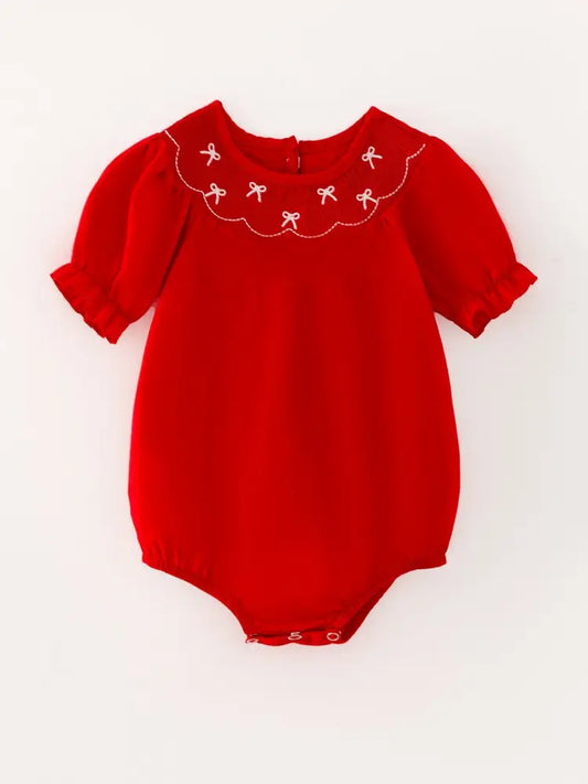 Girls Bow Smocking Embroidered Red Romper Romper