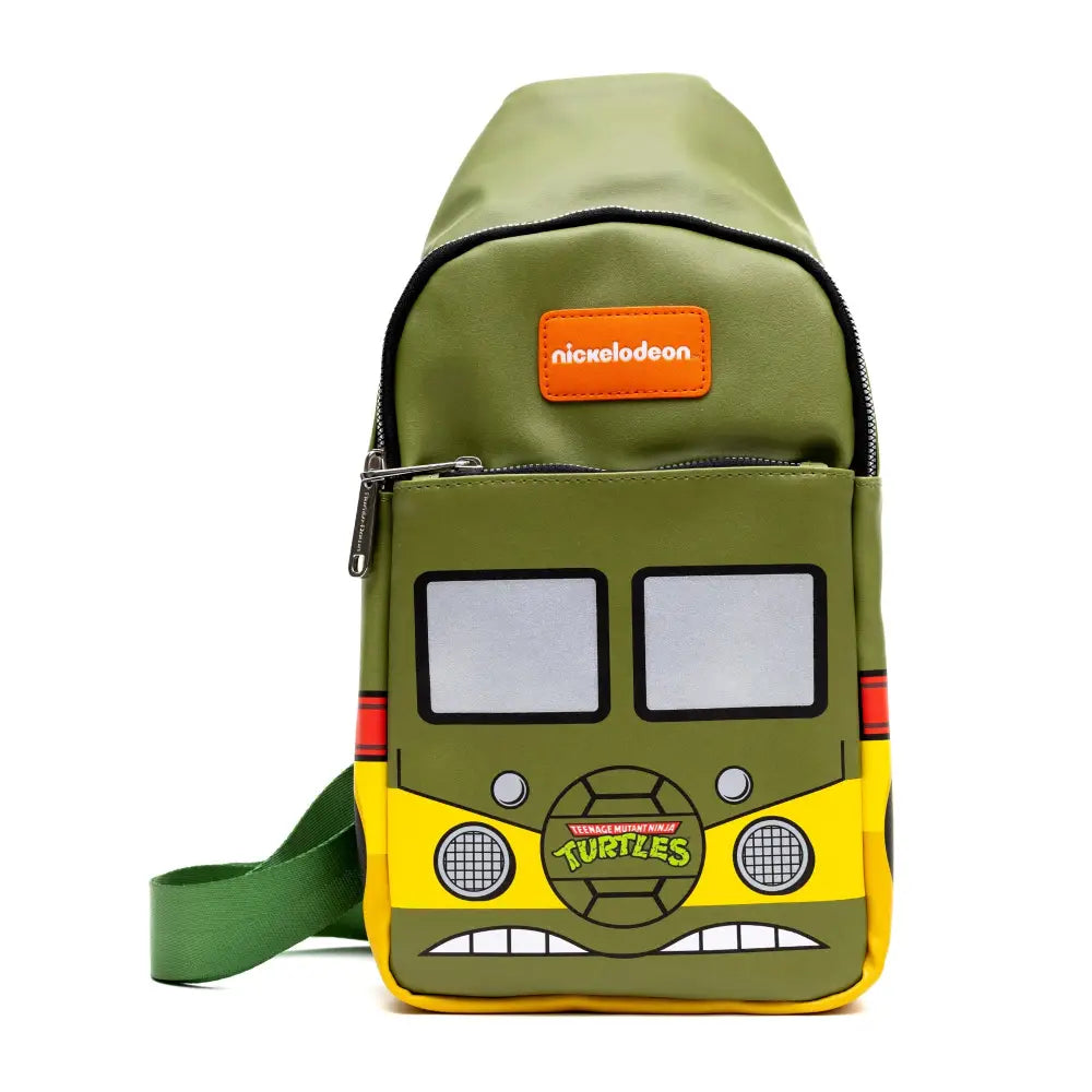 Nickelodeon Vegan Leather Crossbody Sling Bag Teenage Mutant Ninja Turtles Party Van Close Up Olive Green 7’’ x 14’’