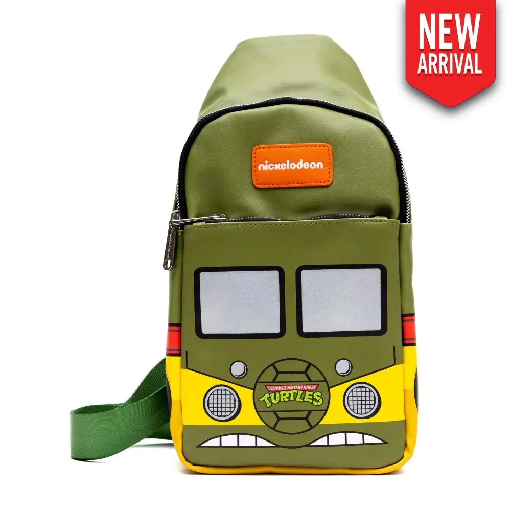 Nickelodeon Vegan Leather Crossbody Sling Bag Teenage Mutant Ninja Turtles Party Van Close Up Olive Green 7’’ x 14’’