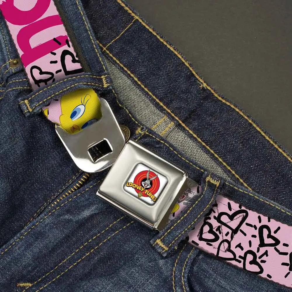 Looney Tunes Logo Full Color White Seatbelt Belt - Tweety Bird I LOVE YOU Pink/Black Webbing Seatbelt Belts