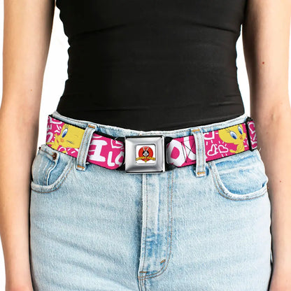 Looney Tunes Logo Full Color White Seatbelt Belt - Tweety Bird I LOVE YOU Pink/Black Webbing Seatbelt Belts