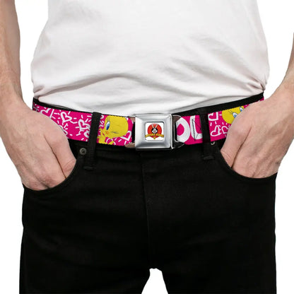 Looney Tunes Logo Full Color White Seatbelt Belt - Tweety Bird I LOVE YOU Pink/Black Webbing Seatbelt Belts