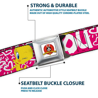 Looney Tunes Logo Full Color White Seatbelt Belt - Tweety Bird I LOVE YOU Pink/Black Webbing Seatbelt Belts