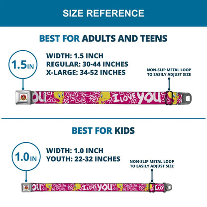 Looney Tunes Logo Full Color White Seatbelt Belt - Tweety Bird I LOVE YOU Pink/Black Webbing Seatbelt Belts