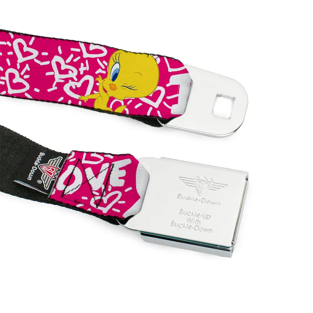 Looney Tunes Logo Full Color White Seatbelt Belt - Tweety Bird I LOVE YOU Pink/Black Webbing Seatbelt Belts