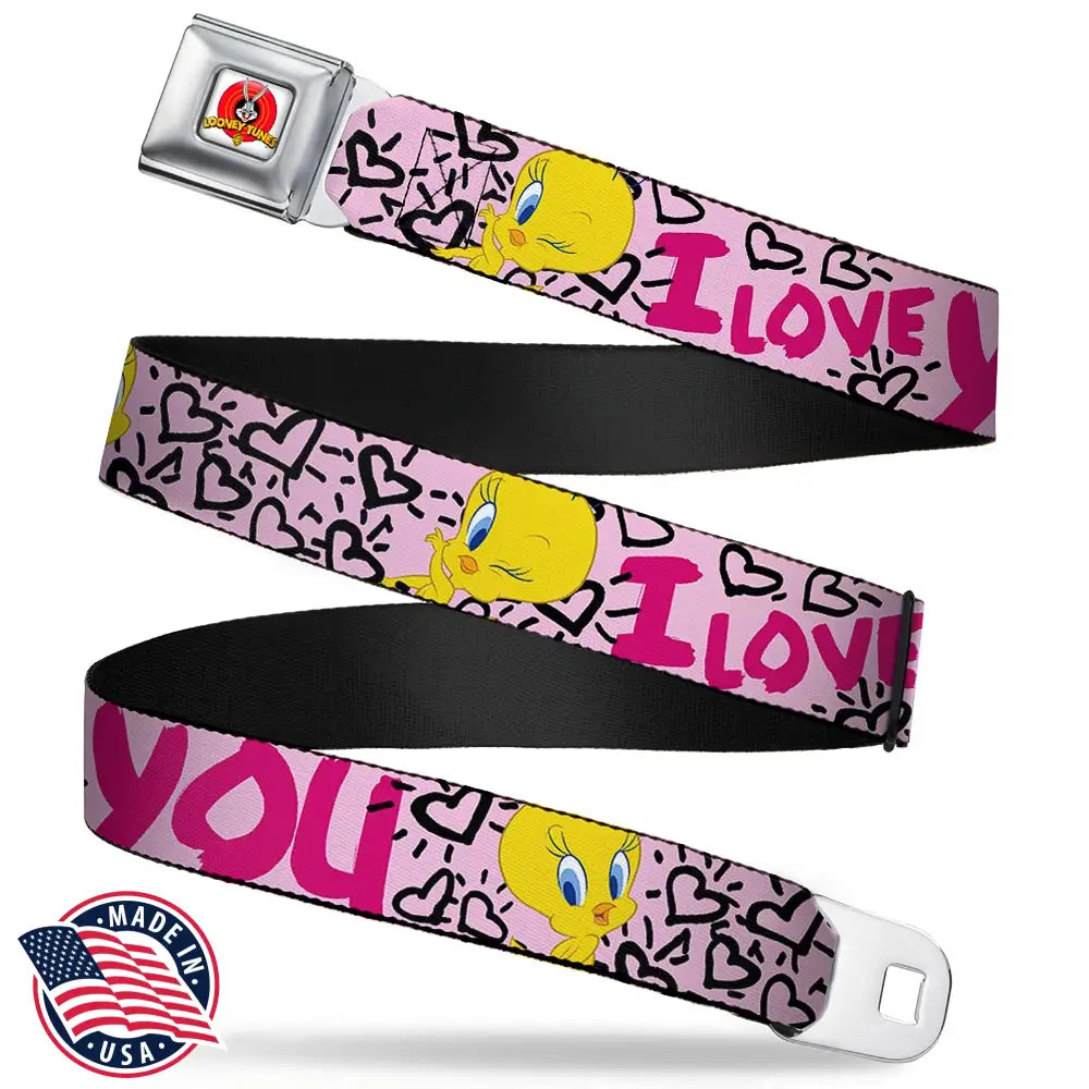 Looney Tunes Logo Full Color White Seatbelt Belt - Tweety Bird I LOVE YOU Pink/Black Webbing Seatbelt Belts