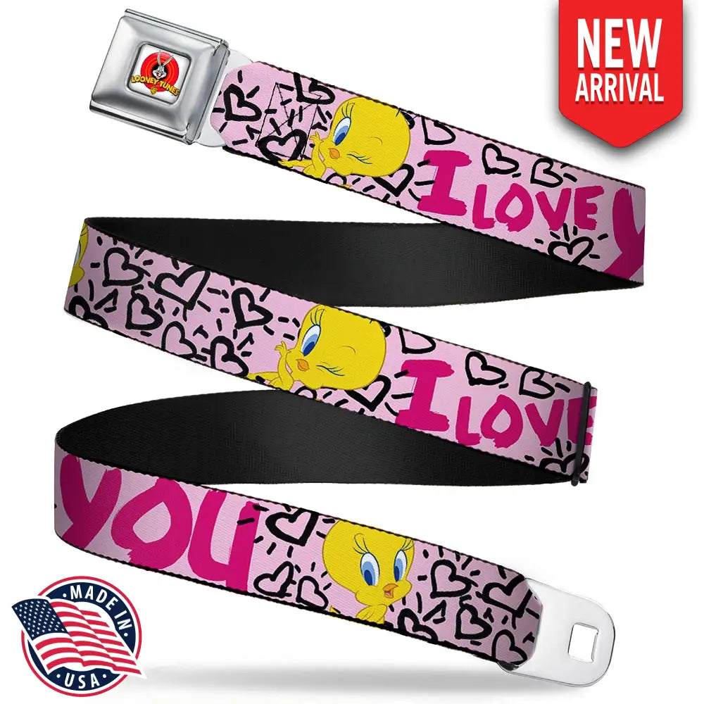 Looney Tunes Logo Full Color White Seatbelt Belt - Tweety Bird I LOVE YOU Pink/Black Webbing Seatbelt Belts