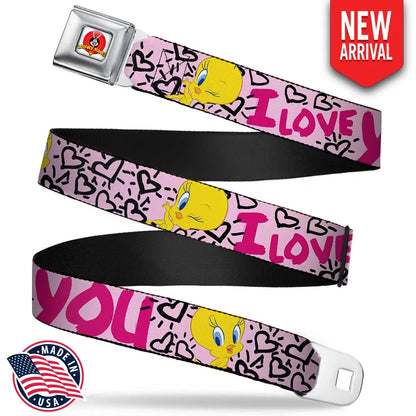 Looney Tunes Logo Full Color White Seatbelt Belt - Tweety Bird I LOVE YOU Pink/Black Webbing Seatbelt Belts