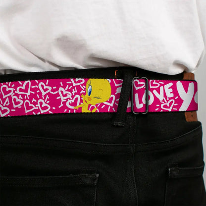 Looney Tunes Logo Full Color White Seatbelt Belt - Tweety Bird I LOVE YOU Pink/Black Webbing Seatbelt Belts