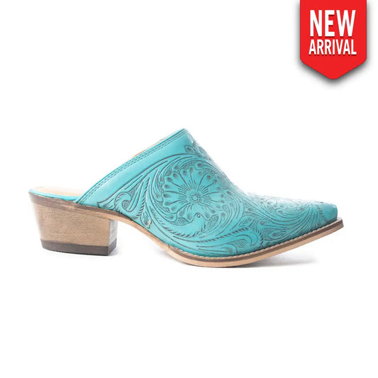Valeria Hand-tooled Mules In Turquoise - 6 - Shoes