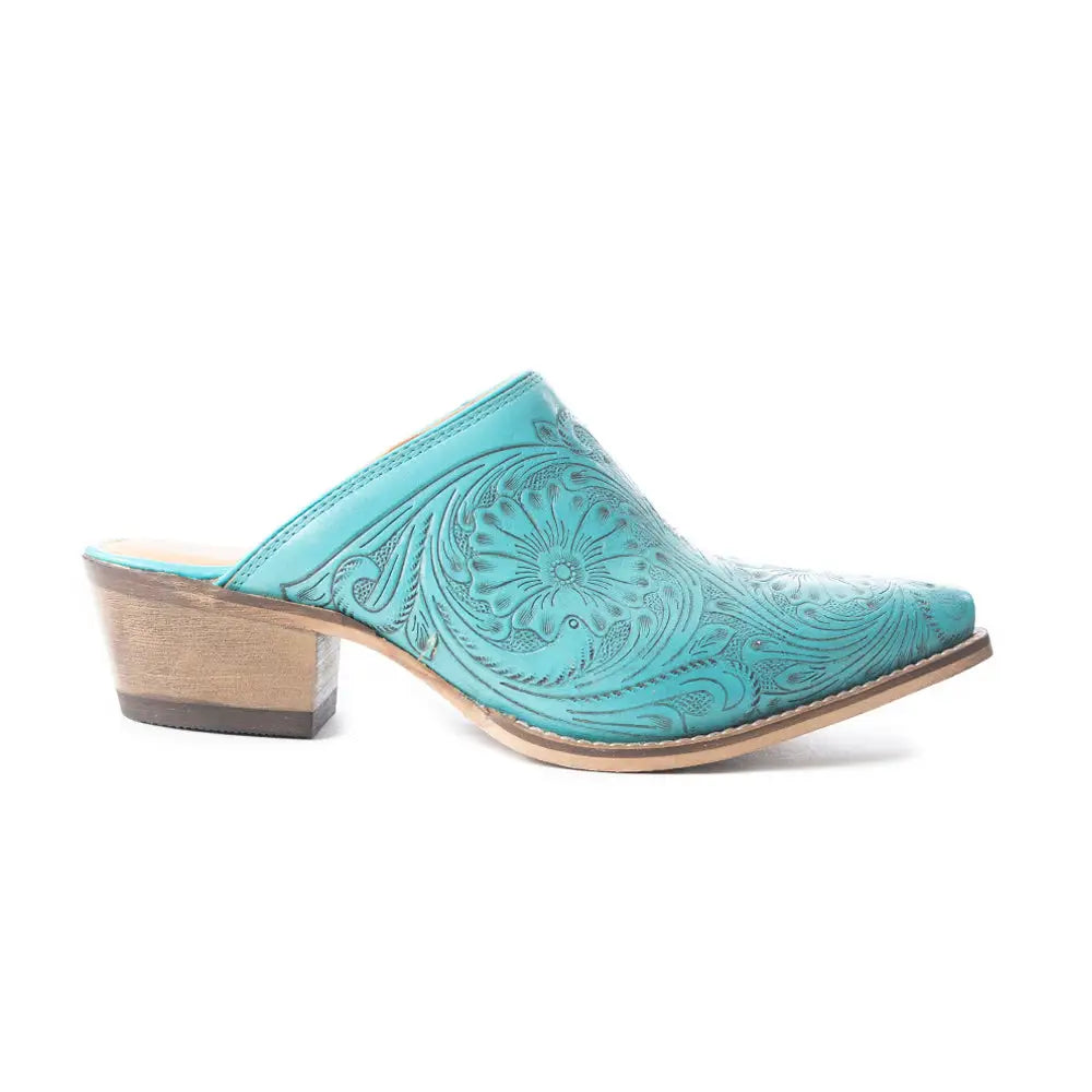 Valeria Hand-tooled Mules In Turquoise - 6 - Shoes
