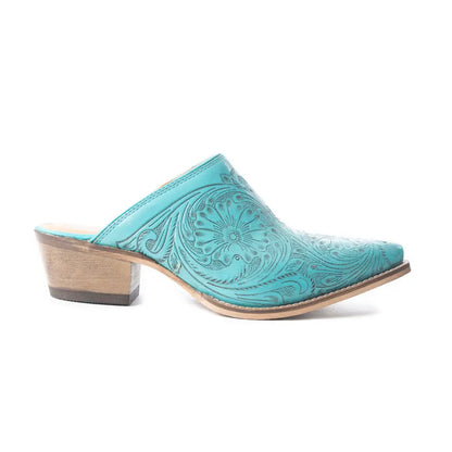 Valeria Hand-tooled Mules In Turquoise - 6 - Shoes