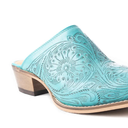 Valeria Hand-tooled Mules In Turquoise - Shoes