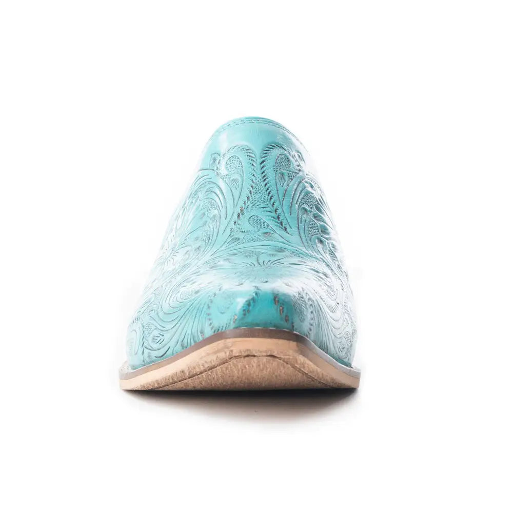Valeria Hand-tooled Mules In Turquoise - Shoes