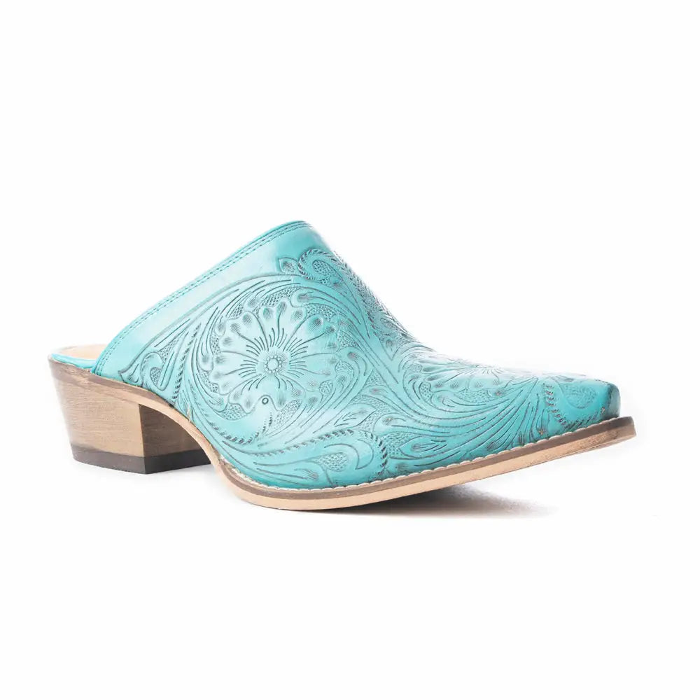 Valeria Hand-tooled Mules In Turquoise - Shoes