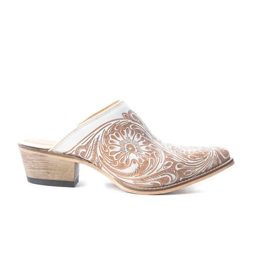 Myra Valeria White Leather Mules for Women - Handtooled Desert Bloom Pattern with Block Heels for Stylish Comfort - 6