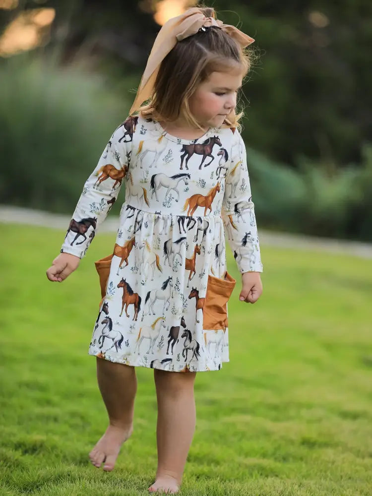 Western Horse Print Long Sleeve Dress Dress