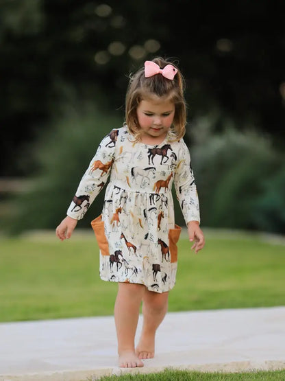 Western Horse Print Long Sleeve Dress Dress