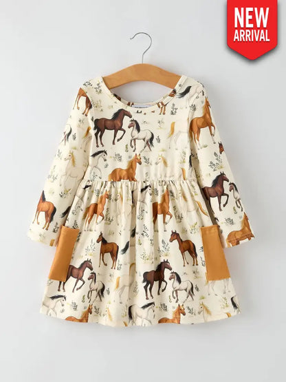 Western Horse Print Long Sleeve Dress Dress