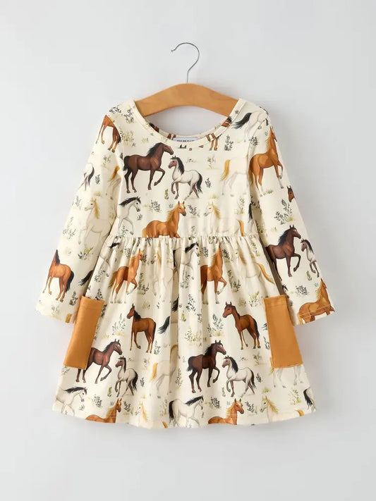 Western Horse Print Long Sleeve Dress Dress