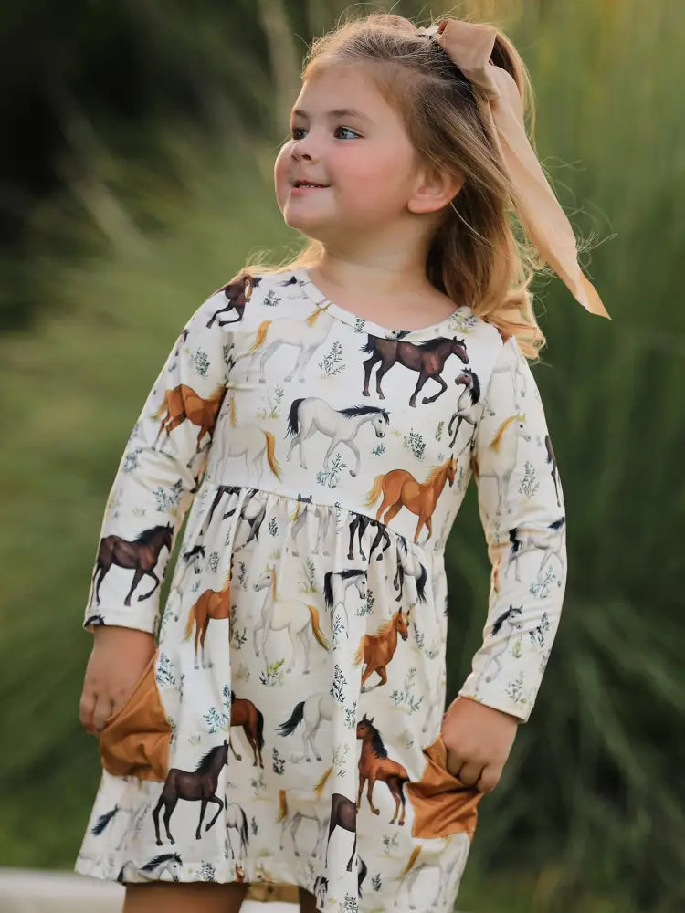 Western Horse Print Long Sleeve Dress Dress