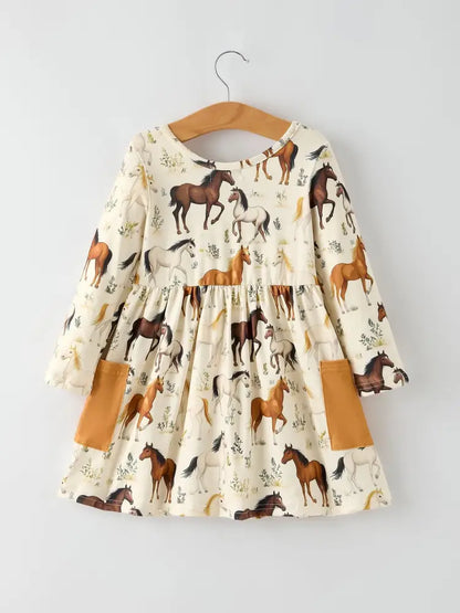 Western Horse Print Long Sleeve Dress Dress