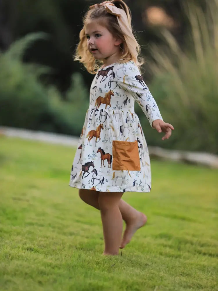 Western Horse Print Long Sleeve Dress Dress