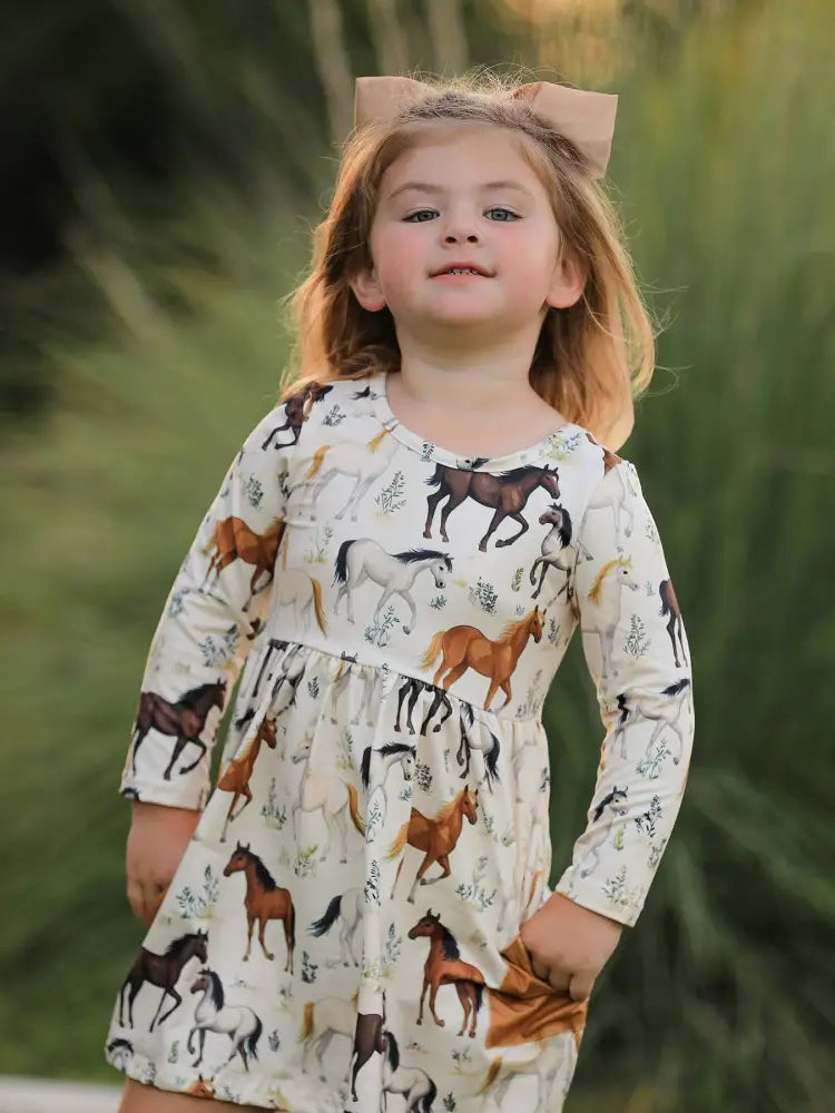 Western Horse Print Long Sleeve Dress Dress