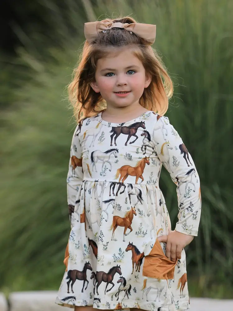 Western Horse Print Long Sleeve Dress Dress