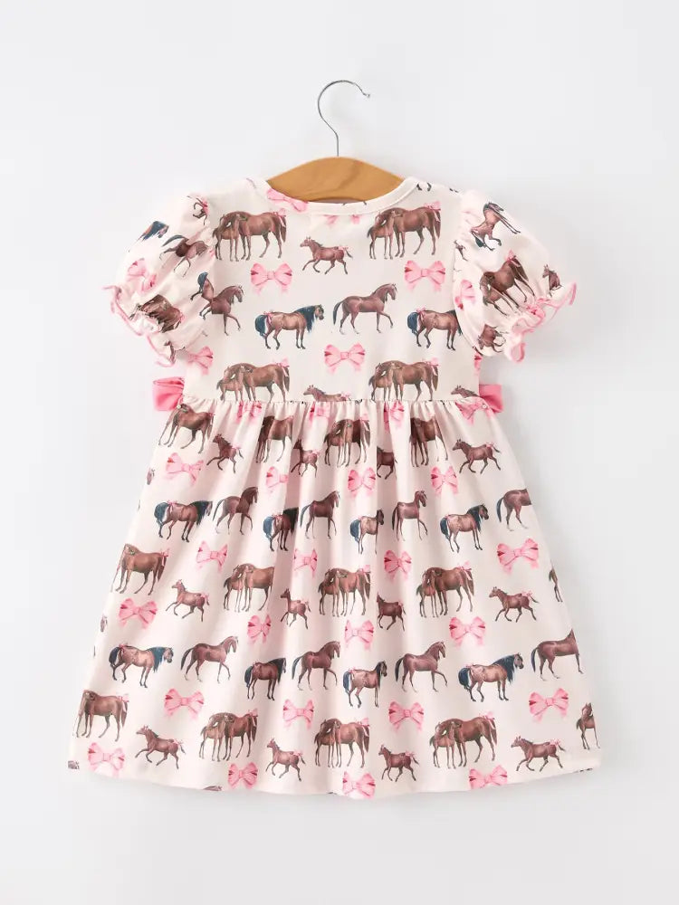 Western Horse Smocked Girls Dress Bow Ruffle Short Sleeve - Dress