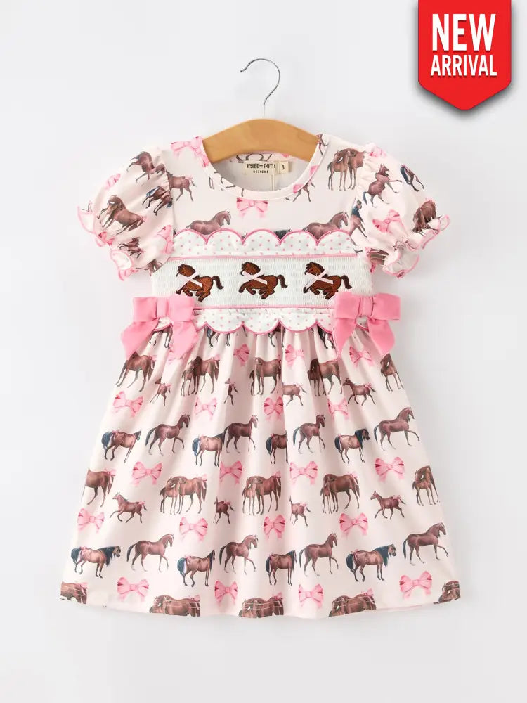 Western Horse Smocked Girls Dress Bow Ruffle Short Sleeve - Dress