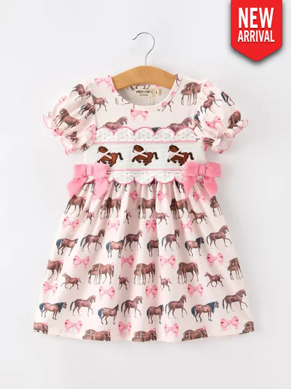 Western Horse Smocked Girls Dress Bow Ruffle Short Sleeve - Dress