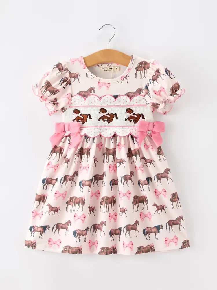 Western Horse Smocked Girls Dress Bow Ruffle Short Sleeve - Dress