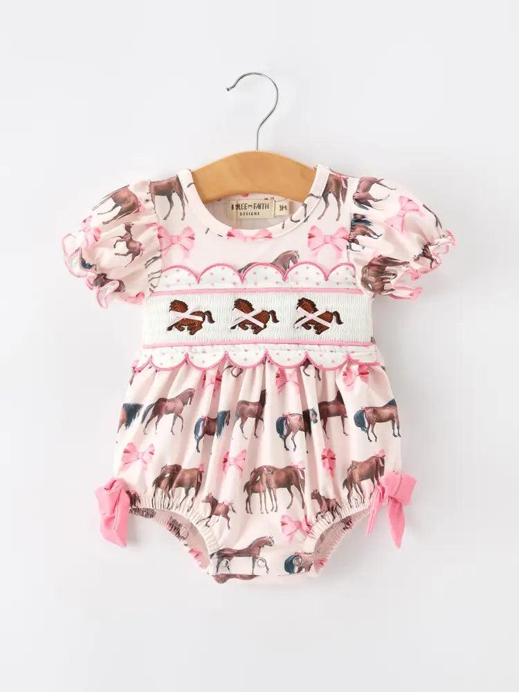 Western Horse Smocked Girls Romper Bow Ruffle Short Sleeve - Romper