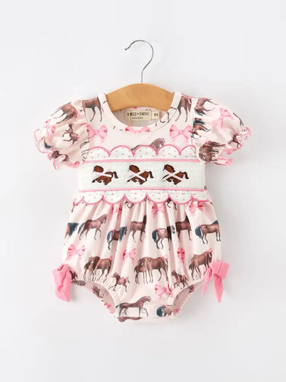 Western Horse Smocked Girls Romper Bow Ruffle Short Sleeve - Romper