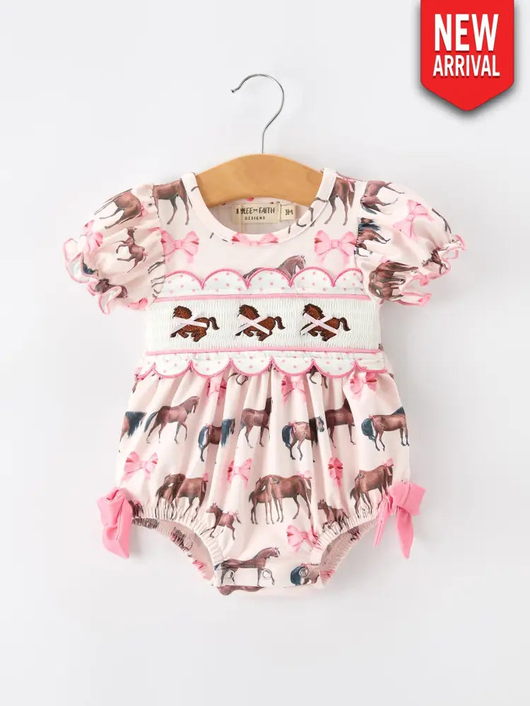 Western Horse Smocked Girls Romper Bow Ruffle Short Sleeve - Romper