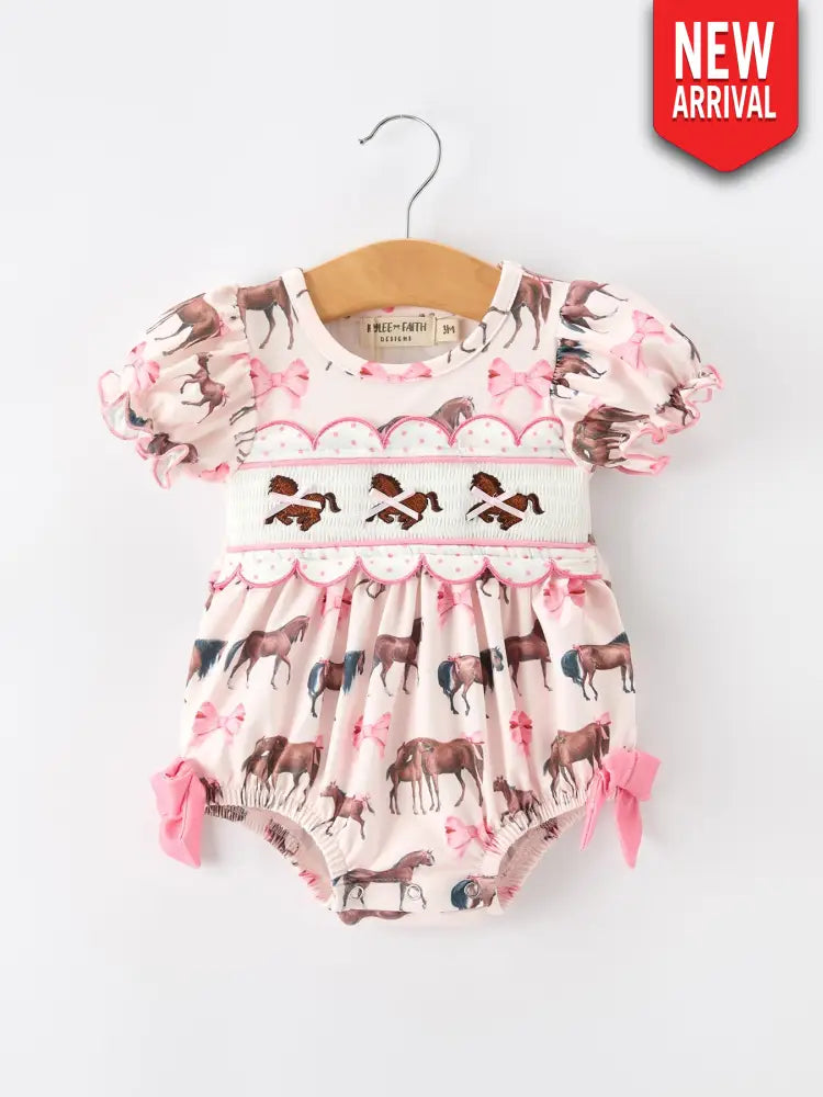 Western Horse Smocked Girls Romper Bow Ruffle Short Sleeve - Romper