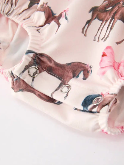 Western Horse Smocked Girls Romper Bow Ruffle Short Sleeve - Romper