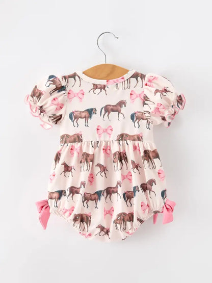Western Horse Smocked Girls Romper Bow Ruffle Short Sleeve - Romper