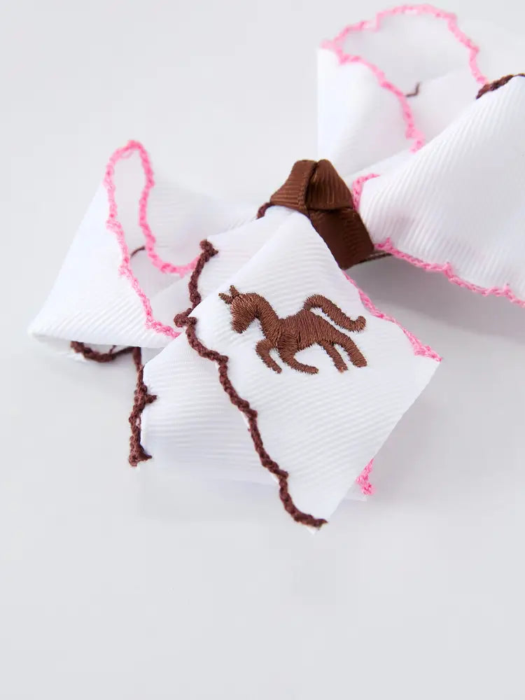 Western Horse Embroidery Ruffle Edge Girls Hairpin 4 Inch - ACG60274 - Bows