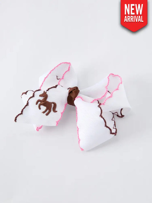 Western Horse Embroidery Ruffle Edge Girls Hairpin 4 Inch - ACG60274 - Bows
