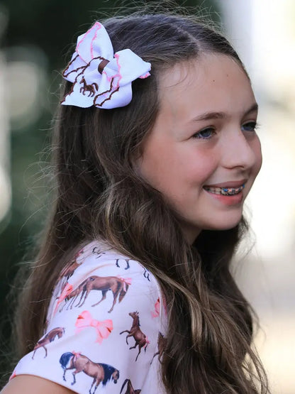 Western Horse Embroidery Ruffle Edge Girls Hairpin 4 Inch - ACG60274 - Bows